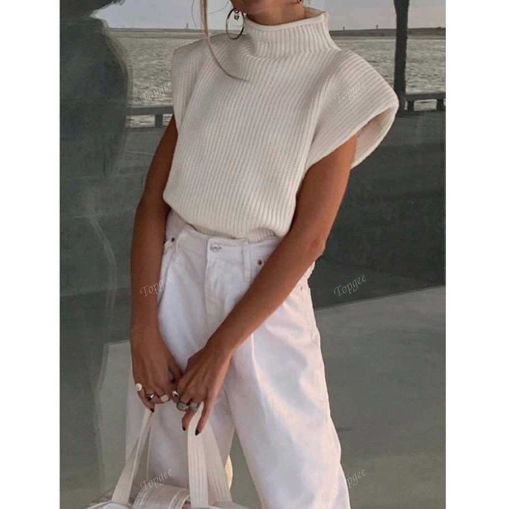 Cable Knit Beige Muscle Tee Top - Picture 4 of 14